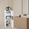 A white bathroom cabinet with open doors, displaying toiletries and towels. Produktbild-Vorschau