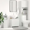 A clean, modern bathroom setup featuring a sink vanity, toilet, and storage units. Voir les images du produit