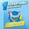 A toy figure with a shield and sword, set against a blue and white background with text overlays. Anteprima dell’immagine prodotto
