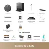 A collage of various accessories and components for a robot vacuum cleaner, along with the main unit and its base station. Produktbild-Vorschau