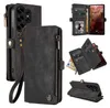 Collage of images showing a black leather wallet phone case for a Samsung Galaxy S25 Ultra, displaying its features and different angles. Produktbild-Vorschau
