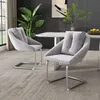 Two gray upholstered dining chairs with silver metal frames are placed on a patterned gray carpet in a dining room setting. A white dining table and a large potted plant are visible in the background. Náhľad obrázku produktu