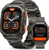 A smartwatch is displayed with its interface showing fitness data and a route map. Produktbild-Vorschau