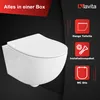 A white wall-mounted toilet is shown on a black background, with marketing text and icons on the right side. Produktbild-Vorschau