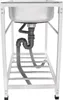 Underside view of a stainless steel kitchen sink with its plumbing and stand. Podgląd zdjęcia produktu