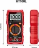 A red digital multimeter is shown from the front and side, with dimensions indicated. Podgląd zdjęcia produktu