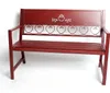 A red metal garden bench with decorative heart scrollwork on a white background. Produktbild-Vorschau
