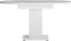 A white oval dining table with a pedestal base, shown against a white background. Produktbild-Vorschau
