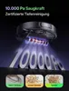 A robotic vacuum cleaner is shown with a graphic representation of its suction power and examples of debris it can clean. Produktbild-Vorschau