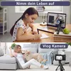 A collage showing a young girl studying and a woman relaxing with her dog, with cameras and tripods featured in both scenes. Produktbild-Vorschau
