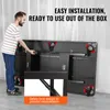 A man is setting up a foldable billiard table. The table is shown upside down, revealing its internal structure and safety lock mechanism. Text overlays highlight features like 'Easy Installation' and 'Safety lock design'. Produktbild-Vorschau