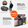 Collage of images showing features of a car seat, including its folded state, a woman carrying it in a bag, a close-up of a cup holder, and text highlighting features. Náhled obrázku produktu