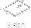 A technical drawing of a shower tray with dimensions and a size chart below. Produktbild-Vorschau
