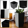 A collage of images showing a black plastic planter, a gray insert for the planter, a close-up of the planter's corner, two planters (black and gray) side-by-side, a close-up of the planter's interior, and a black and gray planter with a plant in a living  Podgląd zdjęcia produktu