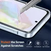 Close-up of a smartphone screen protector being tested with a utility knife, with marketing icons and text at the bottom. Produktbild-Vorschau