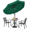 A dark green patio umbrella with a round glass-topped table and two black chairs. Produktbild-Vorschau
