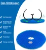 A marketing image for a gel seat cushion, showing its features and dimensions. Produktbild-Vorschau