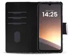 A black flip-style phone case with card slots and a phone displaying the time. Produktbild-Vorschau