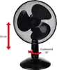 A black desk fan is shown against a white background, with measurement and feature indicators. Produktbild-Vorschau