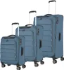 Three blue suitcases of varying sizes are displayed side-by-side against a white background. Anteprima dell’immagine prodotto