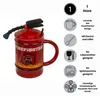 A red mug shaped like a fire extinguisher with text and icons describing its features. Produktbild-Vorschau