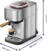 A stainless steel espresso machine with a wooden handle, brewing a shot of espresso into a glass. Voir les images du produit