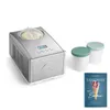 An ice cream maker, two storage containers, and a recipe book are displayed on a white background. Produktbild-Vorschau
