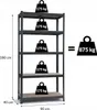 A black metal shelving unit with dimensions and weight capacity indicated. Podgląd zdjęcia produktu