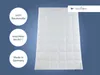 A white duvet is laid out flat against a blue background. There are three circular overlays on the left side of the image with text and a logo in the top right corner. Produktbild-Vorschau