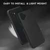 A black phone case is shown in front of a black smartphone, with a feather floating between them. The text "EASY TO INSTALL & LIGHT WEIGHT" is displayed at the top. Anteprima dell’immagine prodotto