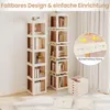 Two tall, narrow, modular bookshelves are shown filled with books. A close-up inset shows a safety lock mechanism. Some disassembled parts of a similar shelf unit are on the floor in the foreground. Anteprima dell’immagine prodotto