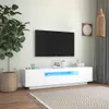 A modern white TV stand with LED lighting is shown against a light green and white wall. A large potted plant is to the left, and a woven pendant light hangs from the ceiling. Produktbild-Vorschau