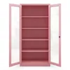 A pink metal cabinet with glass doors and five shelves, displayed open against a white background. Produktbild-Vorschau