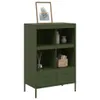 A green metal highboard with shelves and drawers, decorated with a framed picture and some decorative items. Voir les images du produit