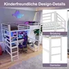 A loft bed with a desk and gaming setup underneath, featuring LED lighting and decorative wall lights. Voir les images du produit