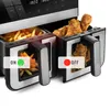 A close-up shot of a dual-chamber air fryer with french fries in one basket and fried chicken in the other. Overlay text indicates 'ON' with a green light icon for the fries and 'OFF' with a red dot for the chicken. Podgląd zdjęcia produktu