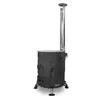 A black outdoor wood-burning stove with a silver chimney pipe, presented on a white background. Produktbild-Vorschau