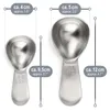 A size chart showing two stainless steel measuring spoons with dimensions and capacity marked. Produktbild-Vorschau