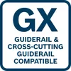 A graphic with text indicating compatibility with a guidrail and cross-cutting guidrail. Produktbild-Vorschau