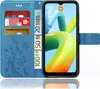 A blue flip case for a Xiaomi Redmi A1 phone, showing credit cards and euro banknotes inserted into the case. Produktbild-Vorschau