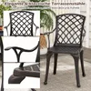 A collage of images showing details of a bronze-colored garden chair, including its back, armrest, and base, with a full view of the chair on a patio. Podgląd zdjęcia produktu