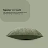 A pillow with a textured green cover is shown against a light green background, with text describing its quality. Produktbild-Vorschau