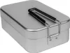 A silver metal lunchbox with a black handle is shown from a slightly elevated angle. Voir les images du produit
