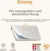 A pillow with marketing text and icons. Produktbild-Vorschau