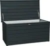 A dark gray outdoor storage box with its lid open, shown against a white background. Produktbild-Vorschau