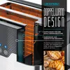 A cutaway view of a toaster highlighting its internal heating elements and double-wall design, with marketing text and images of baked goods. Produktbild-Vorschau