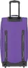 The back of a purple rolling travel bag with a black telescoping handle and wheels. Voir les images du produit