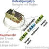 A collage showing a thermostat with a capillary tube and different connector types. Produktbild-Vorschau