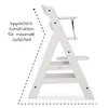 A side profile of a white wooden high chair with text and dashed lines indicating its stability. Podgląd zdjęcia produktu