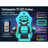 A cyan and black gaming chair with LED lights, shown with a remote control and feature highlights. Produktbild-Vorschau